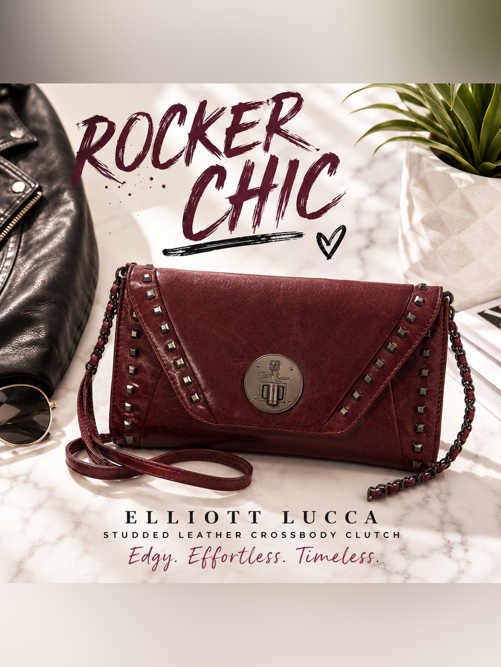 Elliott Lucca Studded Leather Crossbody Clutch Bag – Burgundy Oxblood